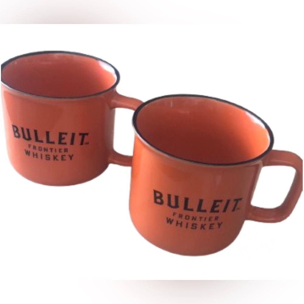 BULLEIT FRONTIER WHISKEY MUGS • ORANGE WITH BLACK LETTERING AND RIMS • NWOT